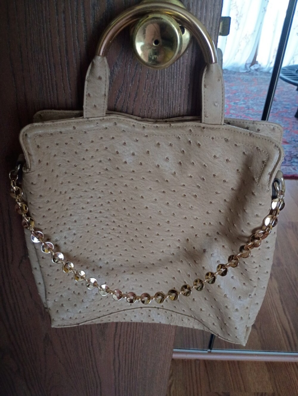 Ivanka Trump Beige Ostrich Print Tote, Goldtone Trim, Faux Leather